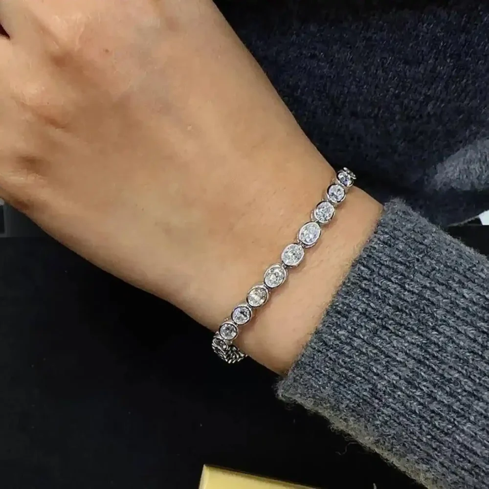 10 Ct Oval Cut Bezel Tennis Bracelet East west lab grown moissanite classic secure clasp line bracelets for her 10 year anniversary