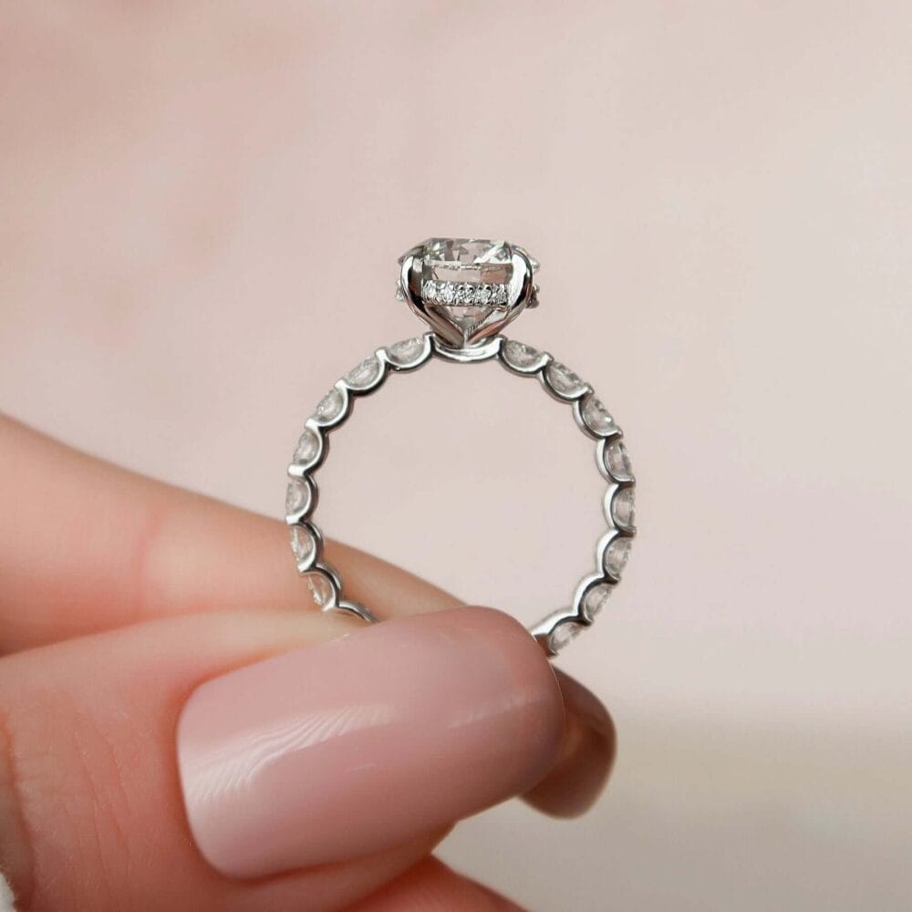 2.50 Ct Round Moissanite Bridal Ring Set with u Prong Setting side Profile halo Engagement ring