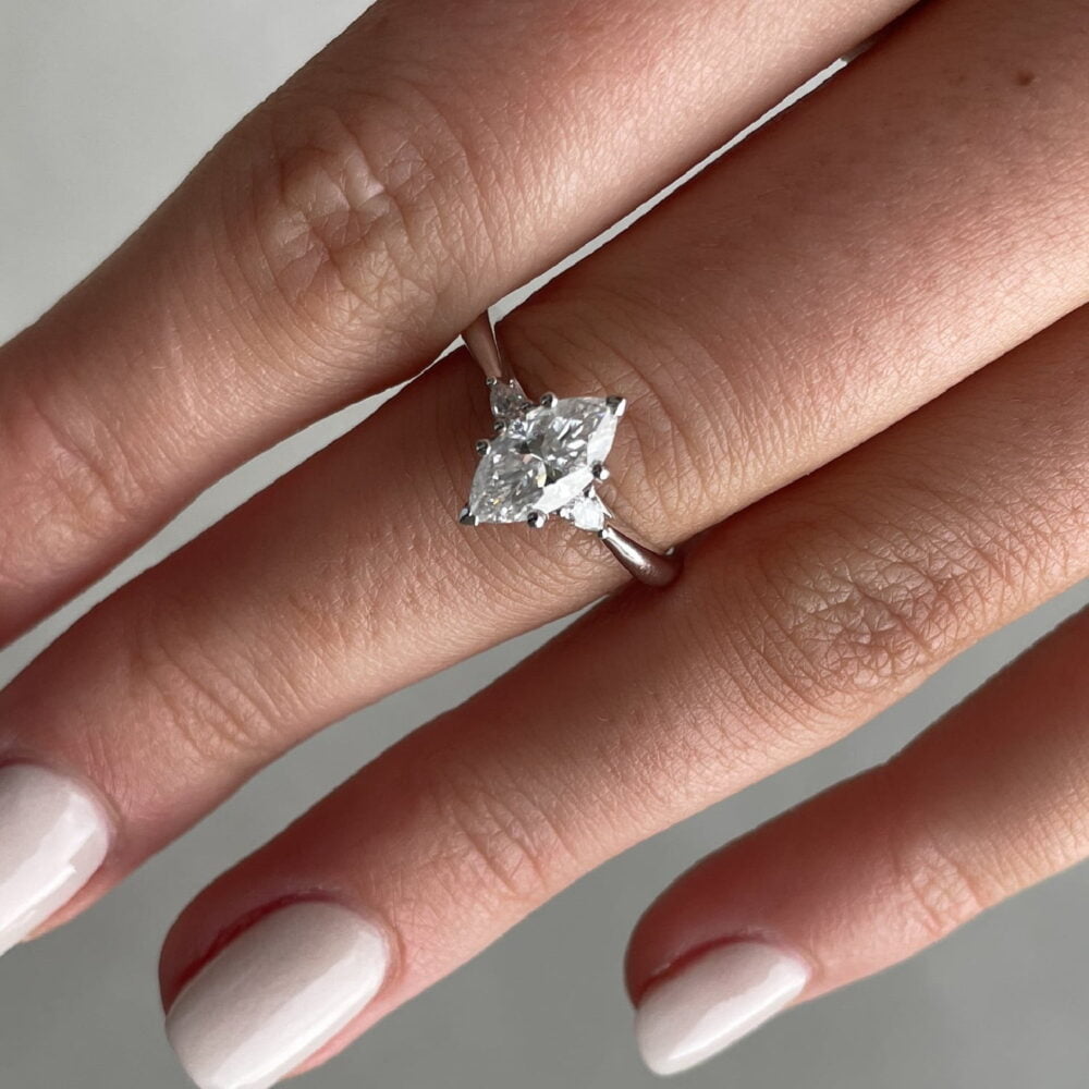 1.50Ct Marquise Trilogy Engagement Ring With Hidden Halo in 14k Gold - GRA Certified