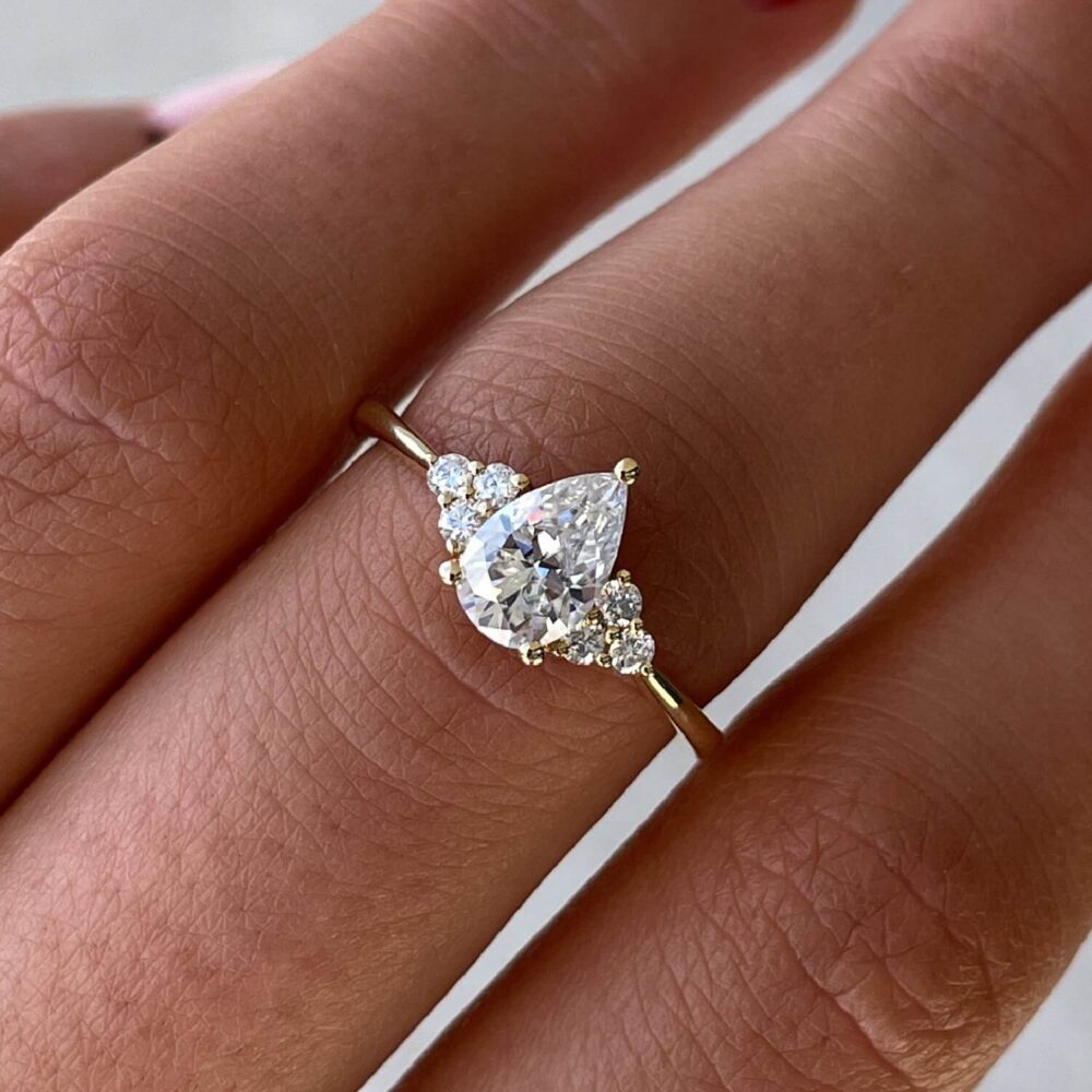 1.50Ct Pear Engagement Rings, Moissanite Anniversary Ring With Accent in 14k Gold - GRA Certified