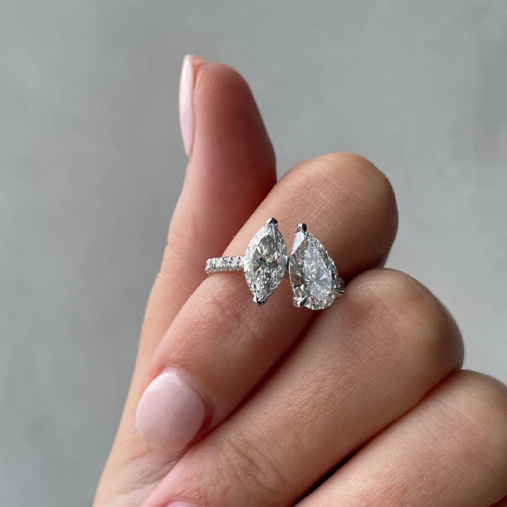2.70Ct Moi et Toi Engagement Rings For Women, Pear And Marquise Anniversary Ring in 14k Gold - GRA Certified