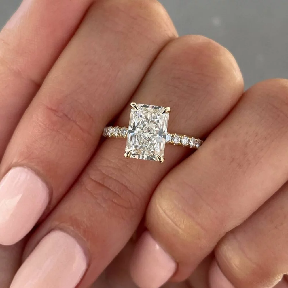 3.30Ct Hidden Halo Radiant Engagement Ring, Moissanite Hidden Halo With Side Diamond Ring in 14k Gold