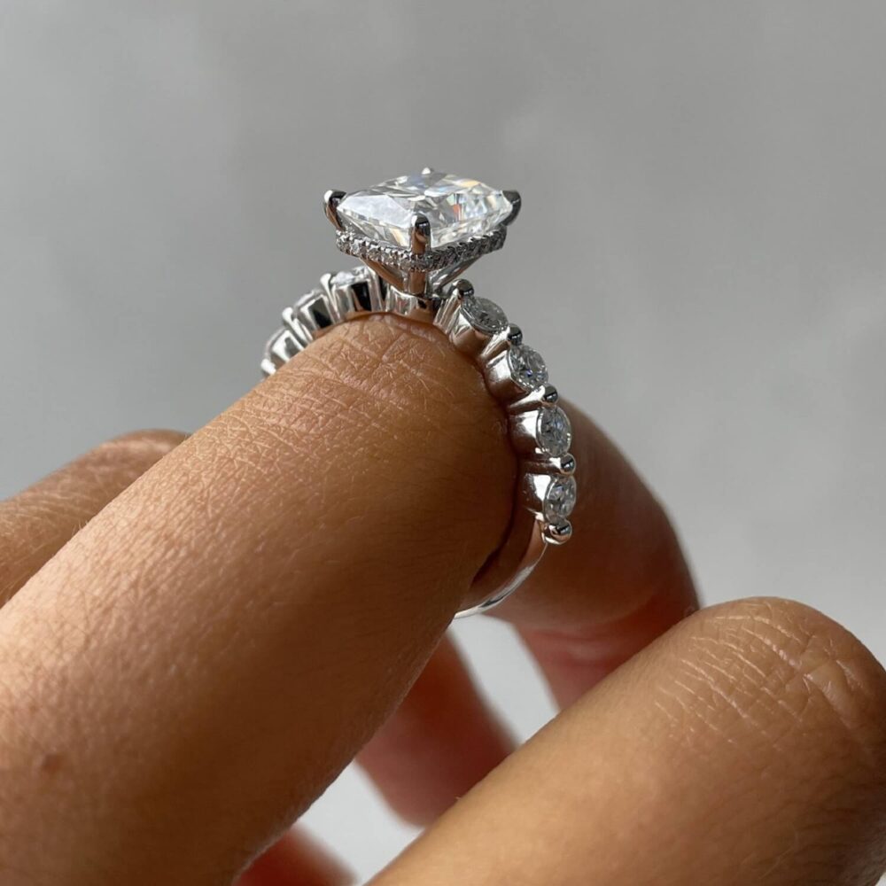 5.80Ct Radiant Solitaire Engagement Rings With Side Stone, Moissanite Hidden Halo Ring in 14k Gold - GRA Certified