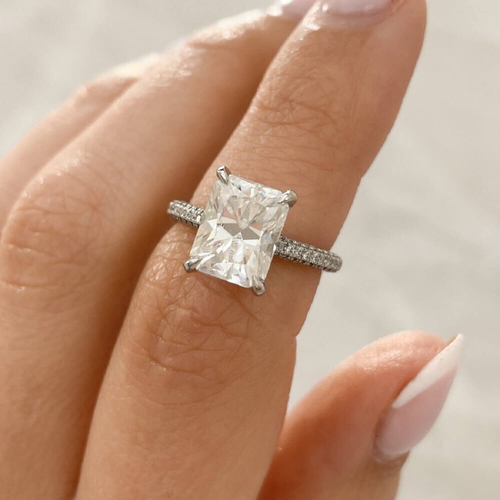 4.80Ct Radiant Designer Engagement Rings, Three Side Studded Band Moissanite Ring in 14k Gold - GRA Certified
