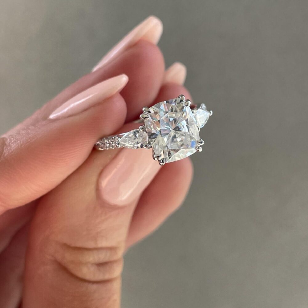 4.30Ct Elongated Cushion Trilogy Engagement Ring, Moissanite Annivrsary Ring in 14k Gold - GRA Certified