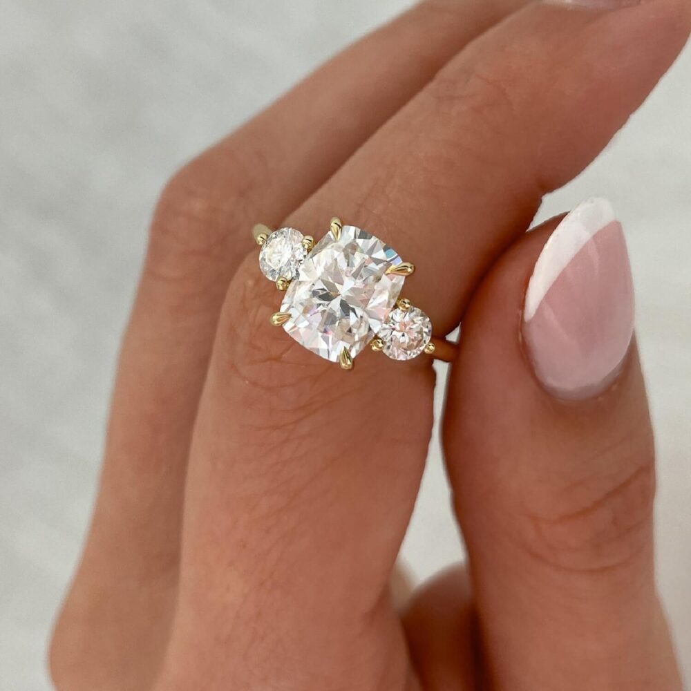 2.50Ct Elongated Cushion Trilogy Ring, Moissanite Engagement Ring For Women in 14k Gold - GRA Certified