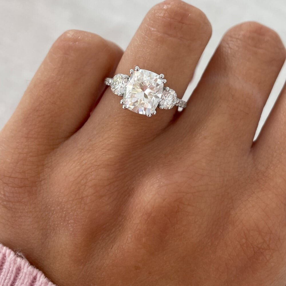 4 Carat Elongated Cushion Cut Moissanite Trilogy Pave Engagement Ring For Women in 14k Gold - GRA Certified