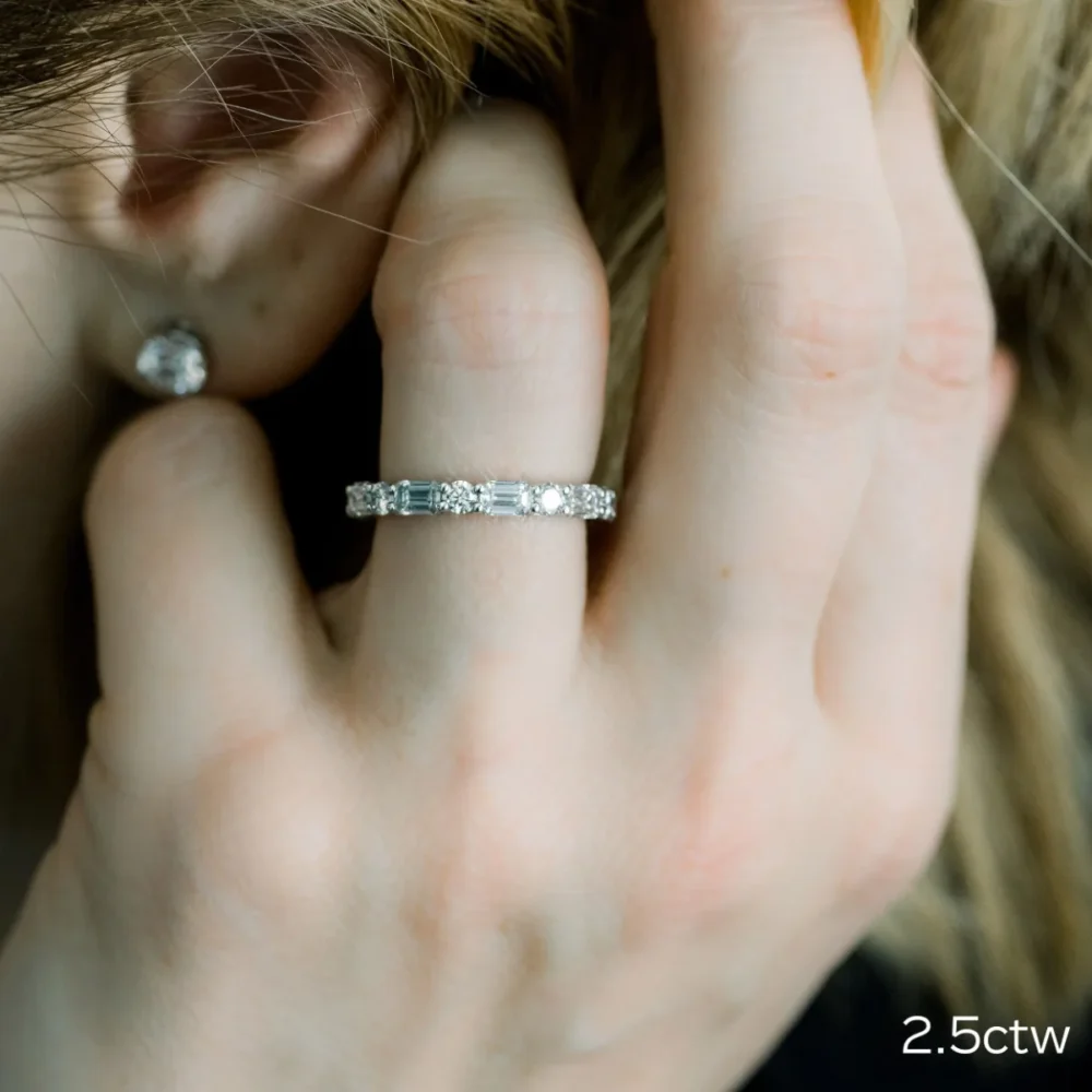 2.50Ct Moissanite Eternity Band, Emerald and Round East West Full Eternity Ring 14K Gold