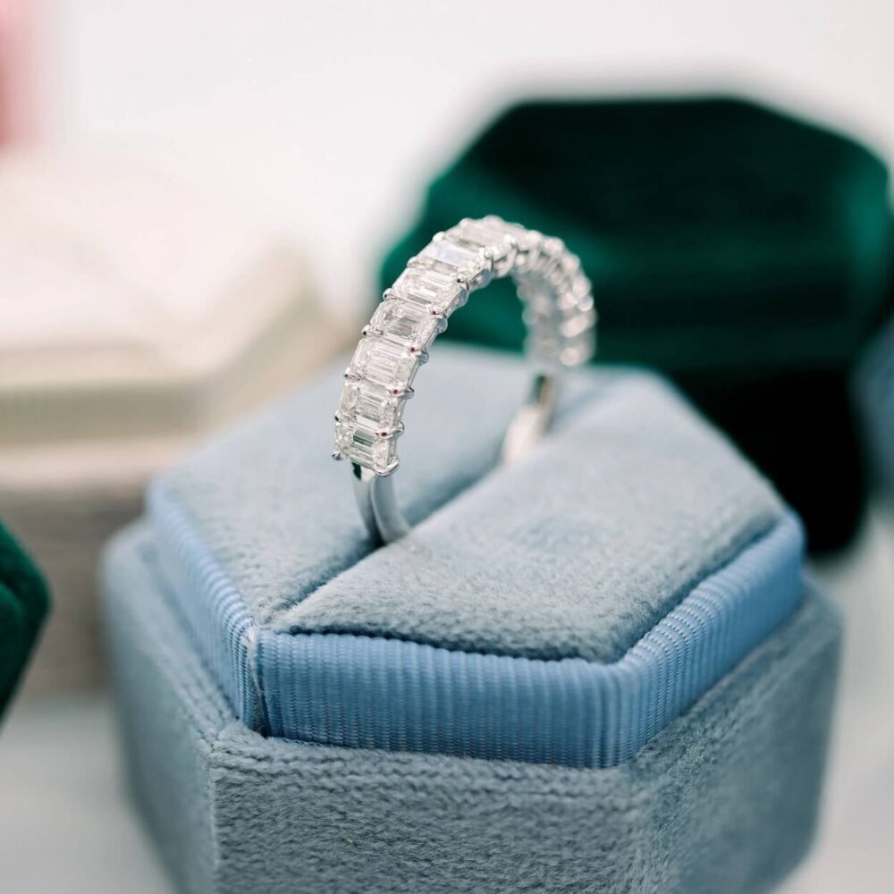 Emerald Cut Diamond Wedding Anniversary Rings, Moissanite Half Eternity Ring in 14K Gold