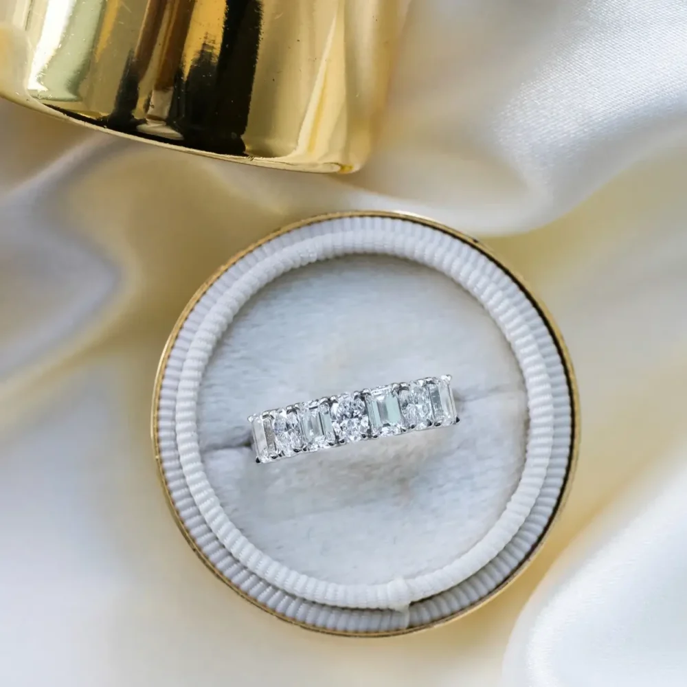 Oval and Emerald Cut Diamond Wedding Bands, Moissanite Half Eternity Ring in 14K Gold