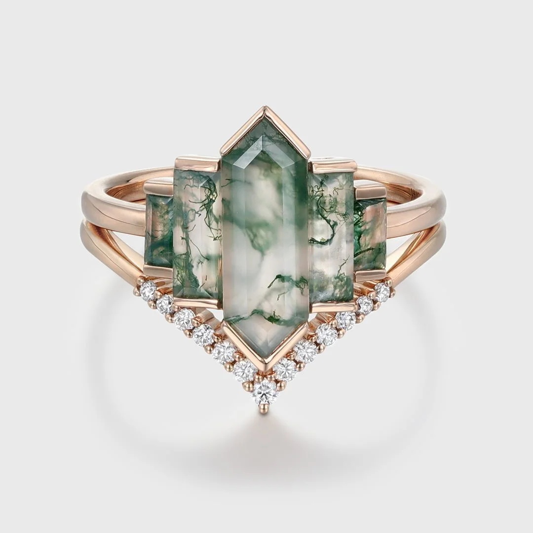 Hexagon-Natural-Moss-Agate-Engagement-Ring-Set
