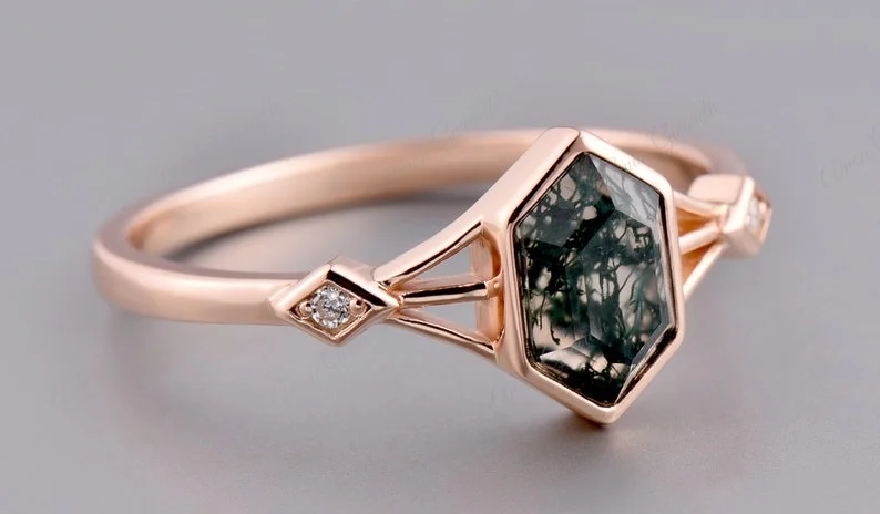 moss agate wedding ring set