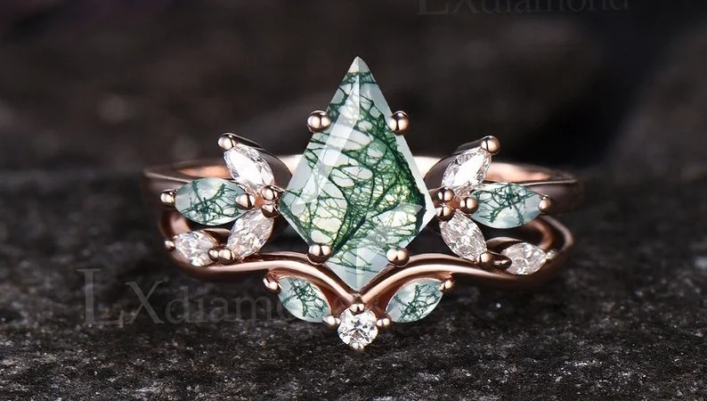 moss agate wedding ring set