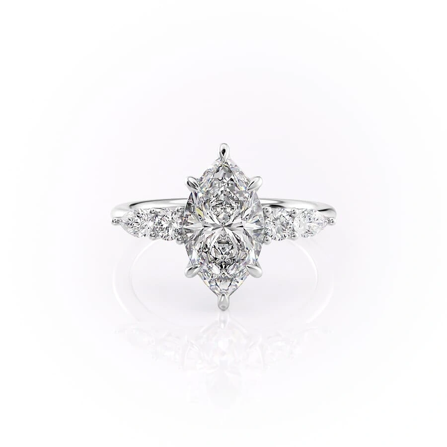 3 carat moissanite marquise ring White gold angled side view showing elongated boat-shaped centre stone and pear side stones
