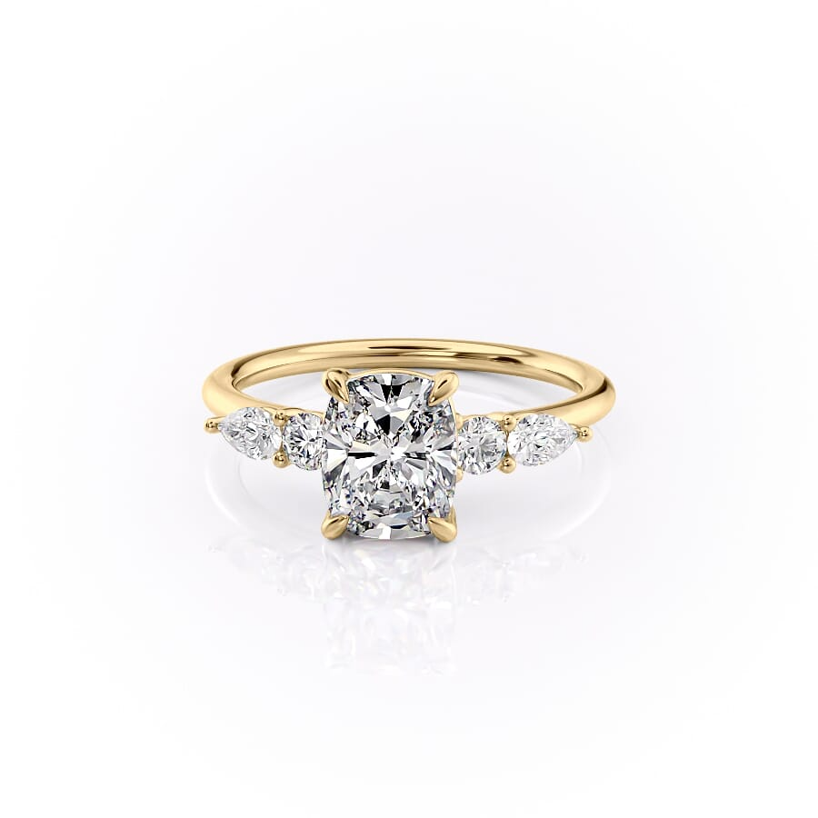 Three Stone Elongated Cushion Cut Engagement Ring with Pear Side Stones