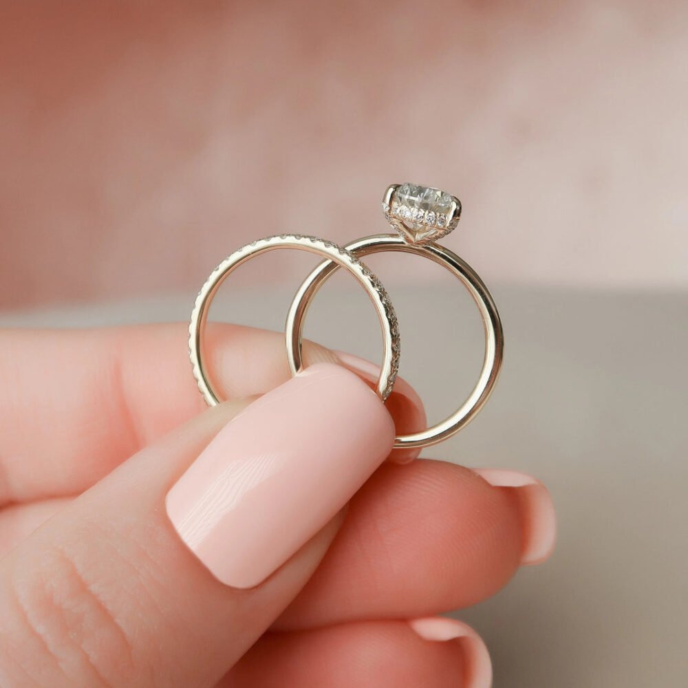 Classic pear-shaped moissanite engagement ring and matching wedding band in 14K white gold for her.