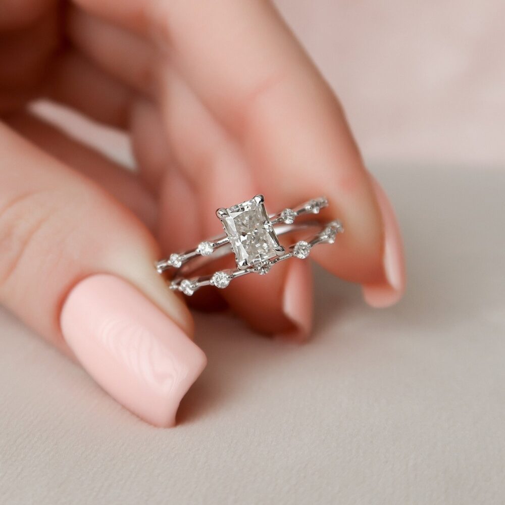 Moissanite Wedding Ring Sets For Women 1.50Ct Radiant Elegant moissanite wedding ring sets for women in 14K gold, ideal for bridal jewelry