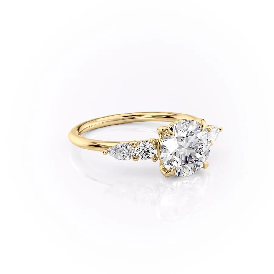 4 ct round diamond engagement ring in white gold front view showing round brilliant moissanite centre and symmetrical side stone clusters
