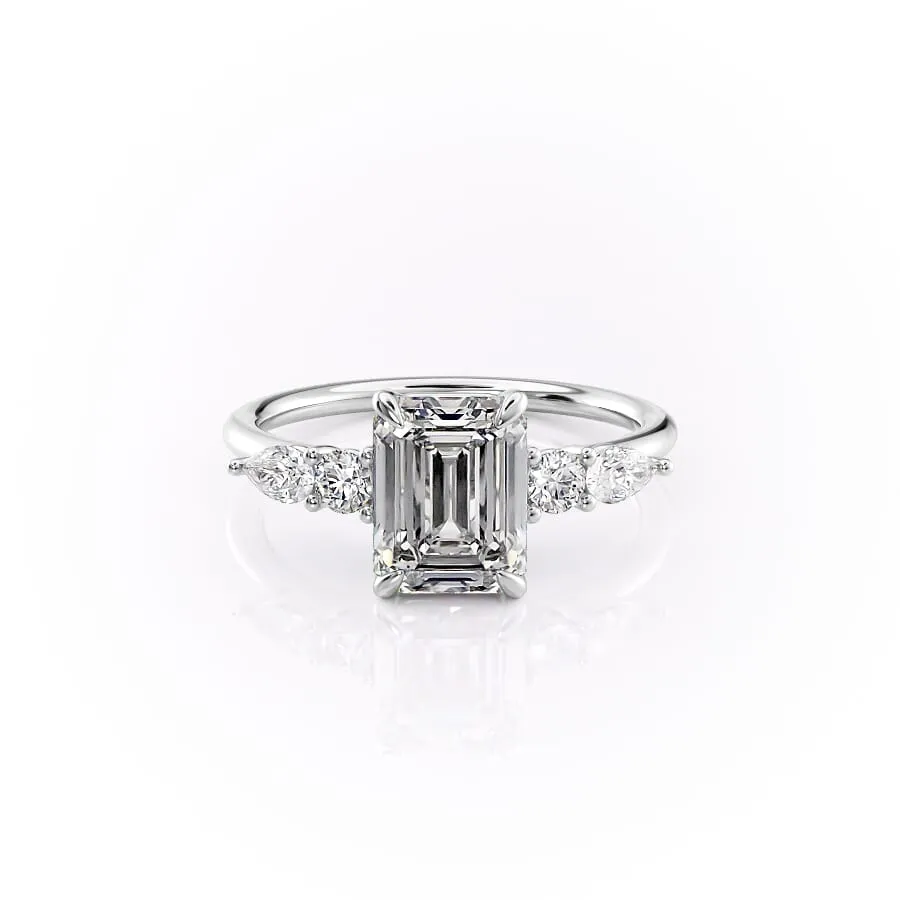 Classic Emerald Cut Engagement Ring with Pear & Round Cluster Side Stones | Moissanite