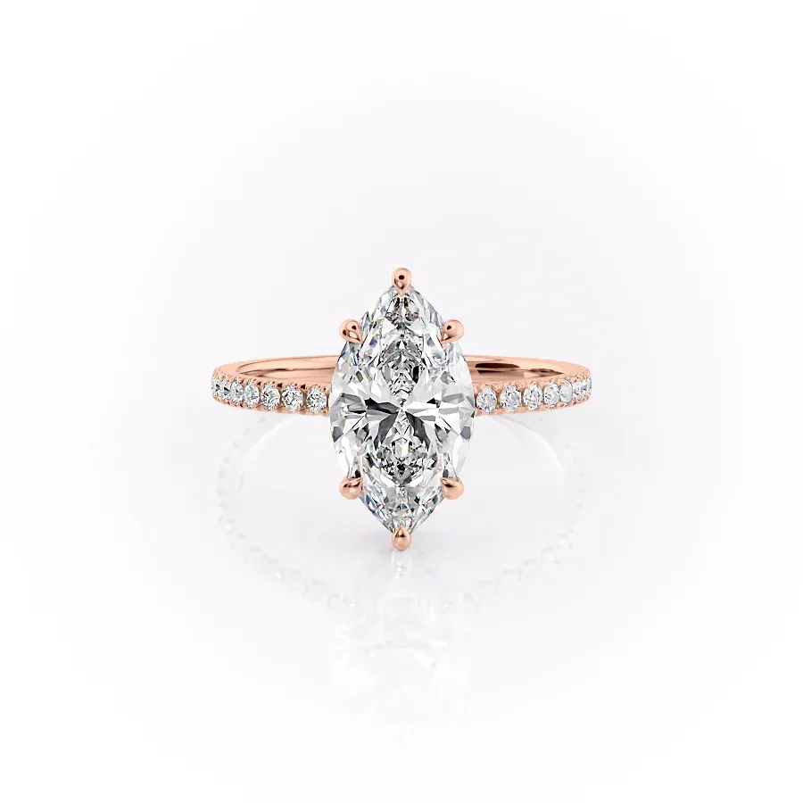 Sparkling marquise cut moissanite engagement ring with hidden halo.